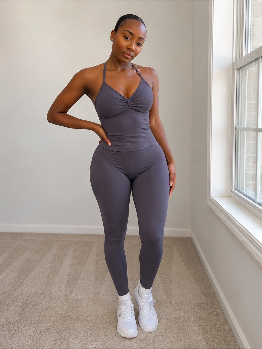 Seamless Ruched Strappy Tank Top - Charcoal